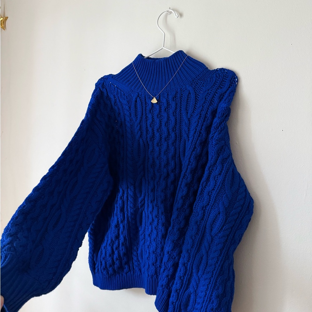 Alice + Olivia Royal Blue Cable Knit Mock Neck Sweater